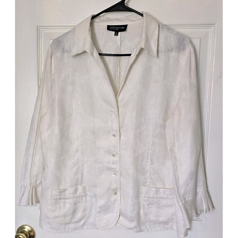 Jones New York 100% Linen Women's Blazer 3/4 Ruffled‎ Sleeve Size 14